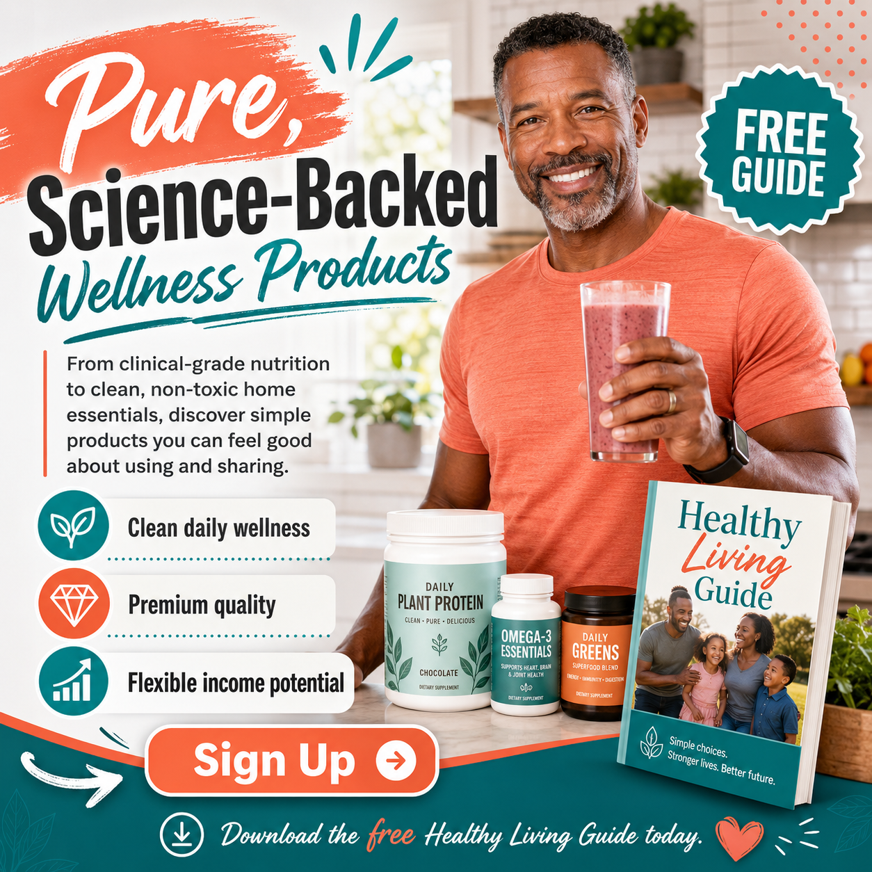 Facebook ad: Pure, Science-Backed Wellness Products — free Healthy Living Guide
