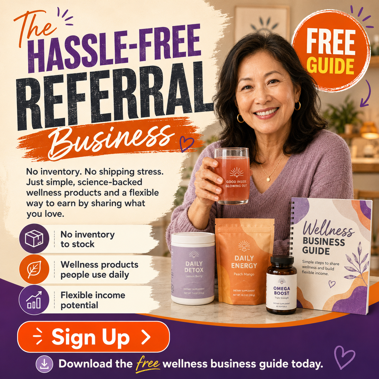 Facebook ad: The Hassle-Free Referral Business — no inventory, free wellness business guide