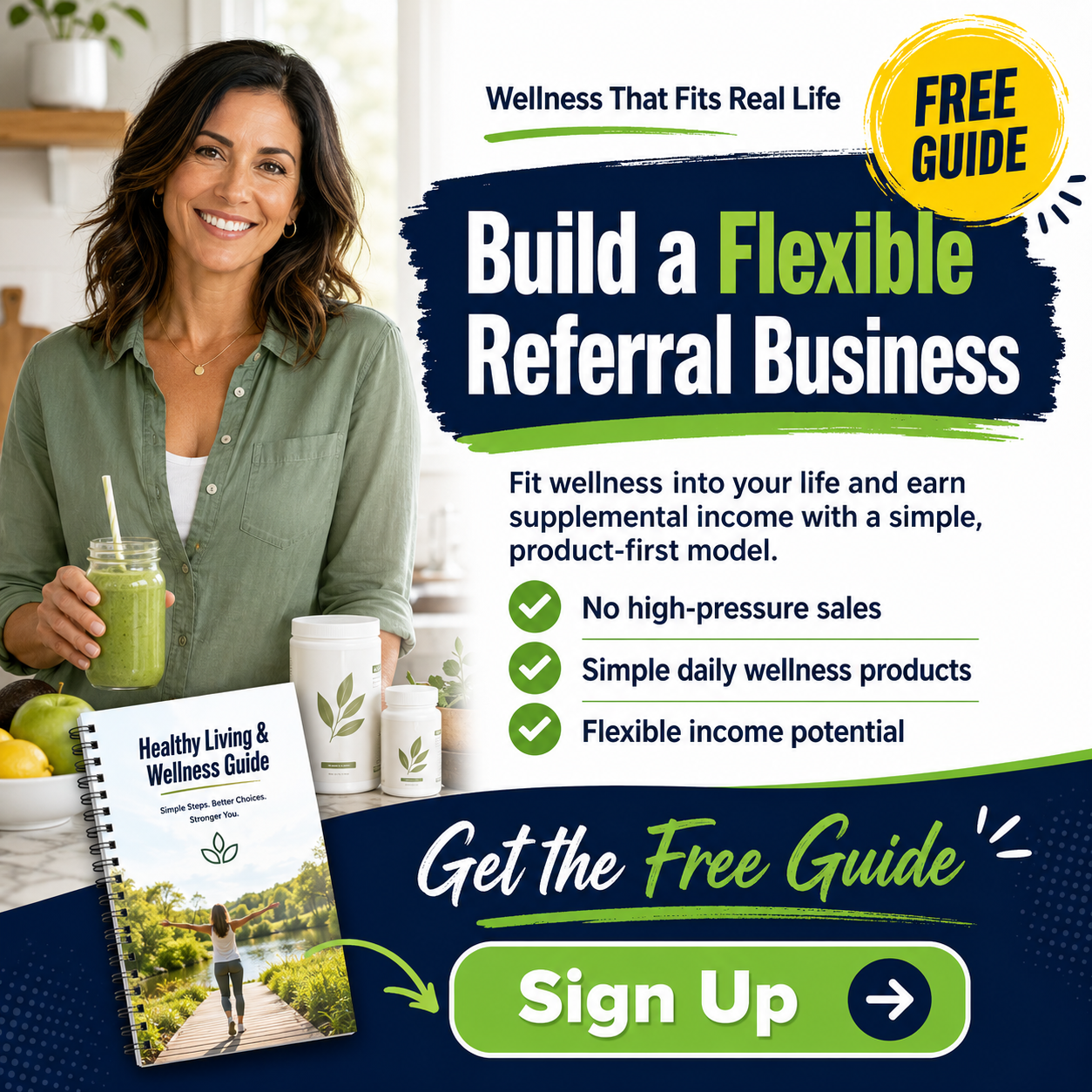Facebook ad: Build a Flexible Referral Business — free Healthy Living & Wellness Guide