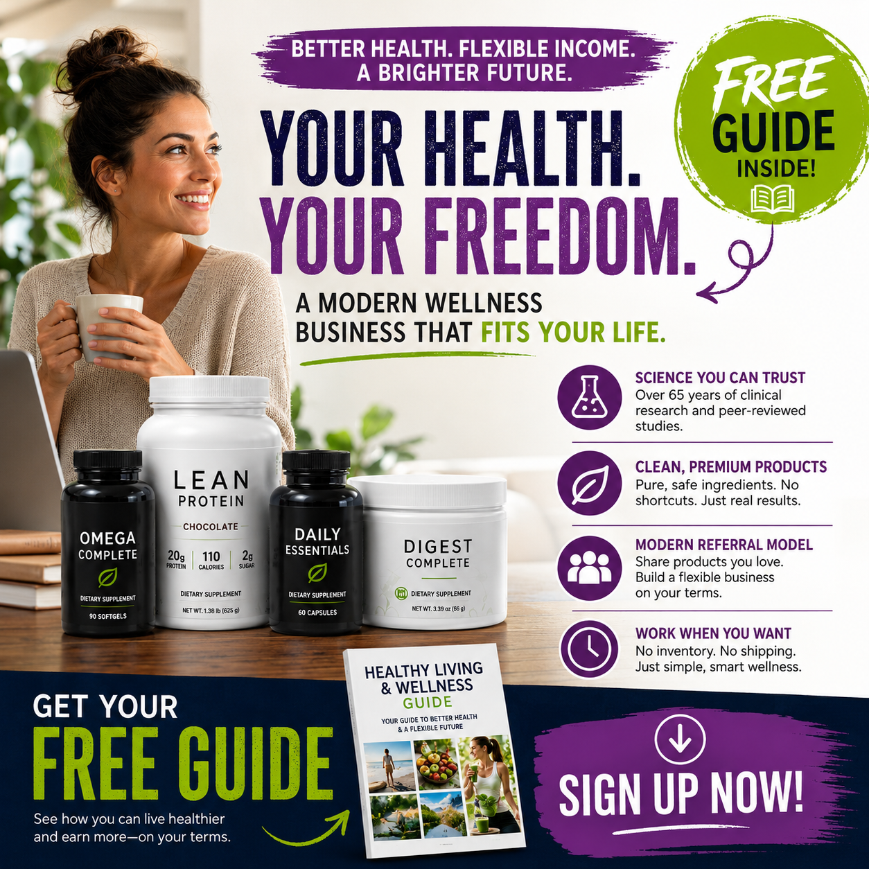 Facebook ad: Your Health. Your Freedom. — a modern wellness business that fits your life, free guide inside