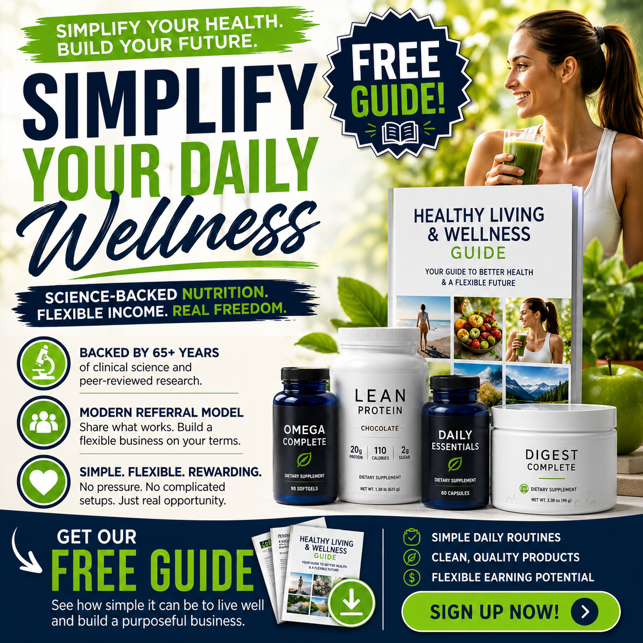 Facebook ad: Simplify Your Daily Wellness — science-backed nutrition and flexible income